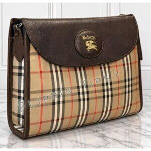 Burberry Vintage Nova Check Canvas & Brown Leather Clutch / Wristlet